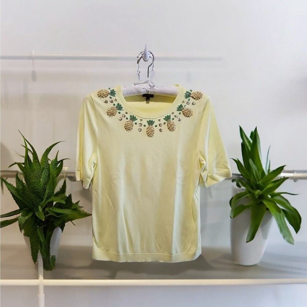 Talbots Sweater Top Womens Petite L Yellow SSleeve Pineapple Sequin Pullover